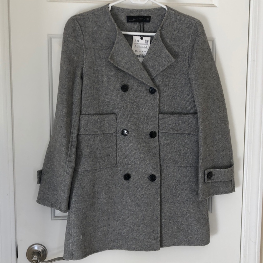 ZARA gray Double Breasted Wool Hand Made Coat Jacket